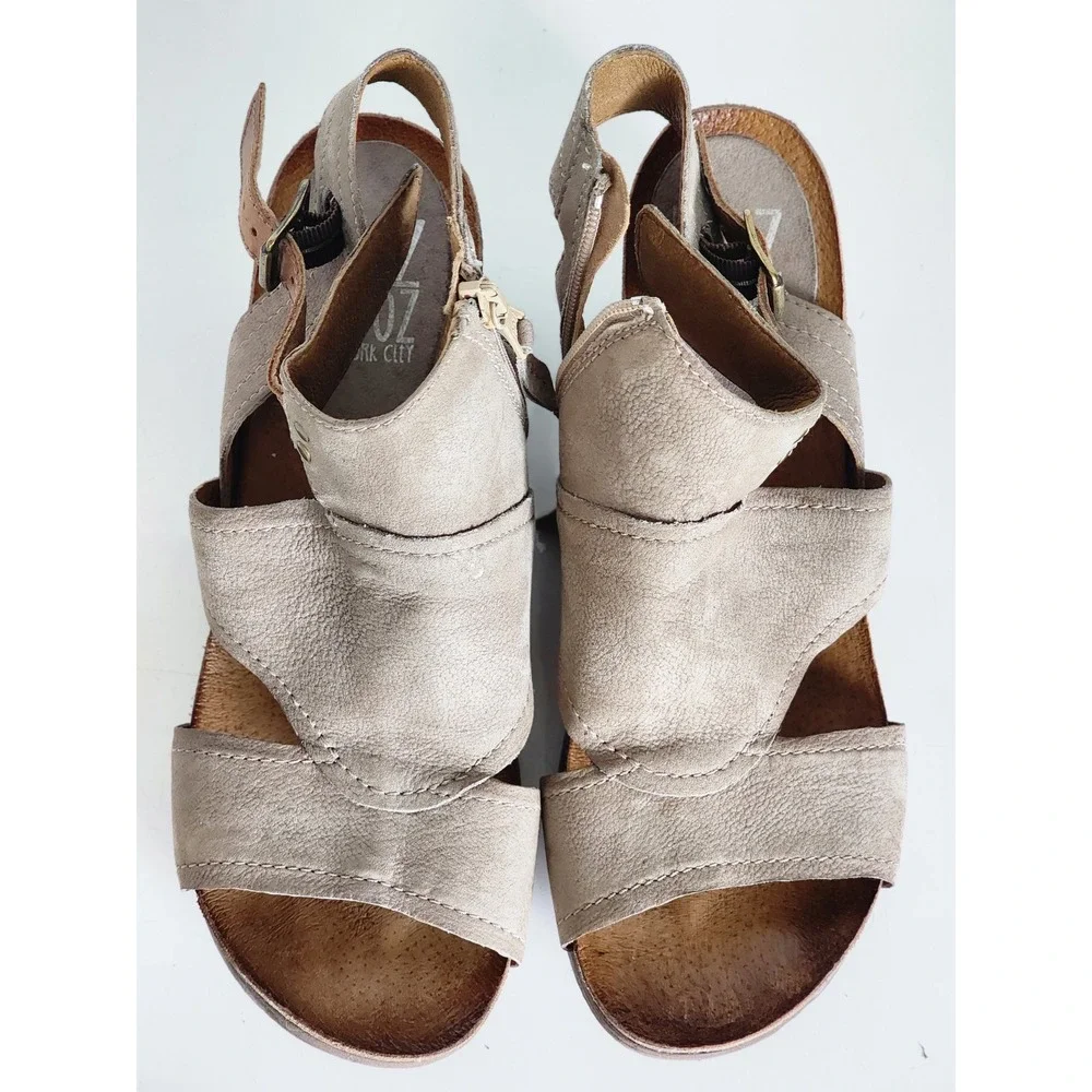 Miz Mooz Scout Womens Taupe Leather Wedge Sandals Ankle Strap Zipper Size 40